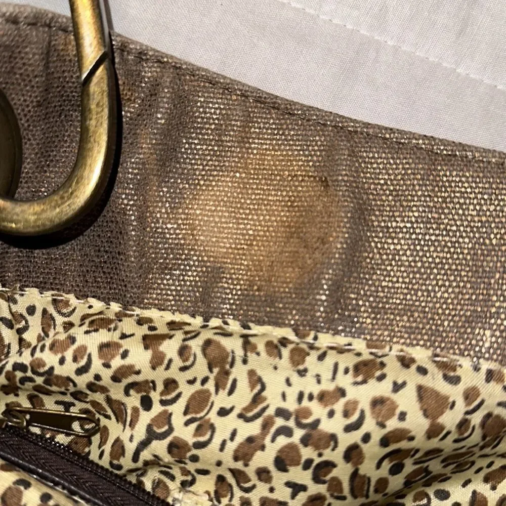 Braciano Metallic Canvas Tan Brown Leather Combo Hobo Shoulder Bag Purse